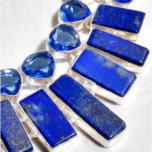 Sophisticated Lapis Lazuli + Blue Topaz statement cluster Necklace - Picture 6 of 12